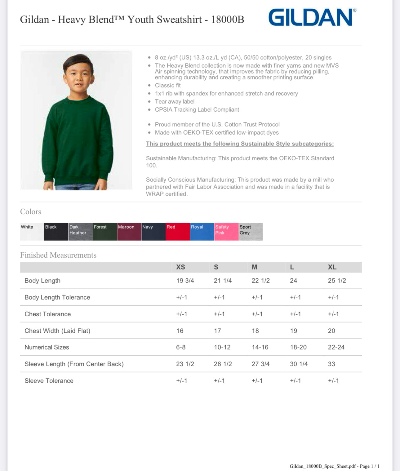 YOUTH XS SPORT GREY GILDAN - HEAVY BLEND YOUTH SWEATSHIRT - 18000B