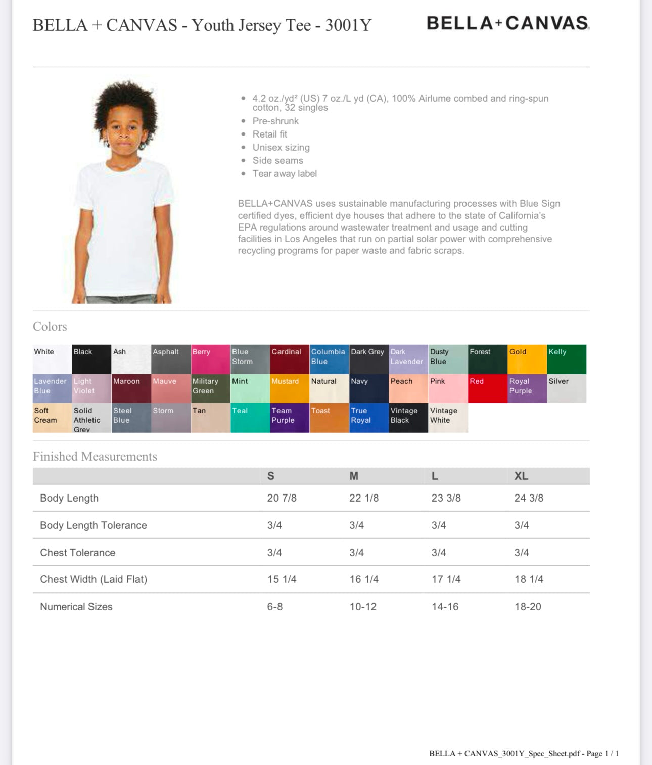 YOUTH LARGE MINT BELLA + CANVAS - YOUTH JERSEY TEE - 3001Y